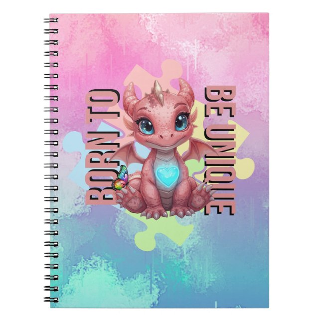 Born to Be Unique Cute Pink Dragon– Inspirational  Anteckningsbok (Framsidan)