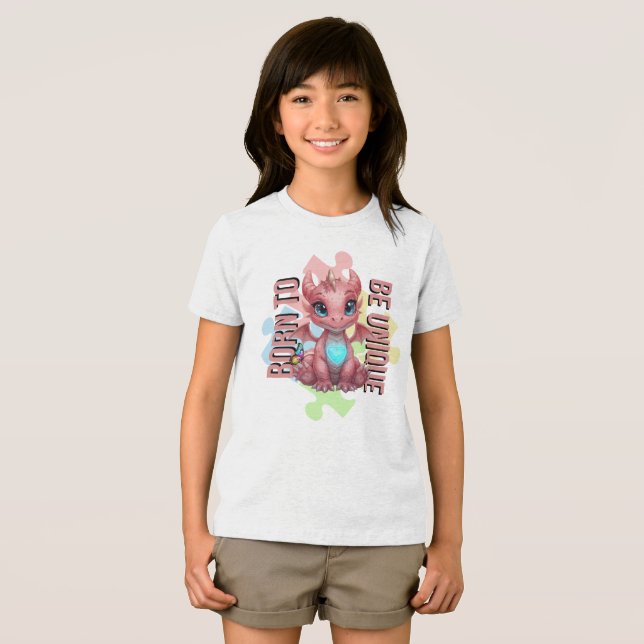 Born to Be Unique Cute Pink Dragon– Inspirational  T Shirt (Framsida Full)