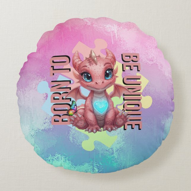 Born to Be Unique – Dragon Heart Cute Baby Dragon  Rund Kudde (Framsidan)