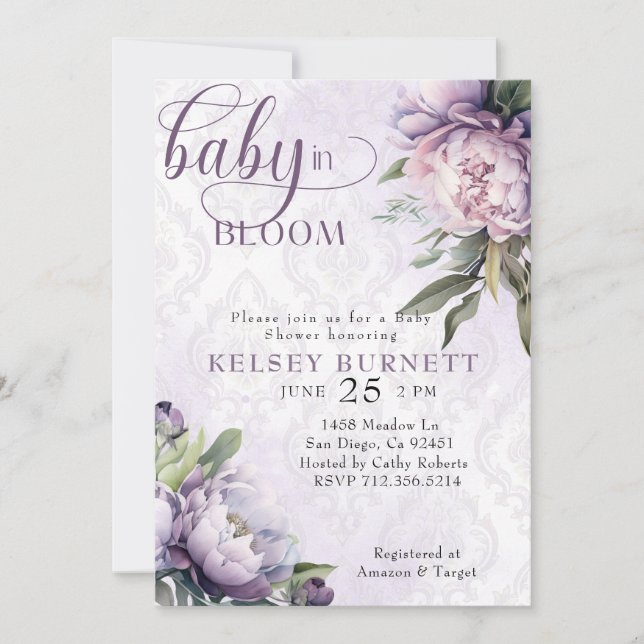Born to Bloom lila blommig Baby Shower Inbjudningar (Framsida)
