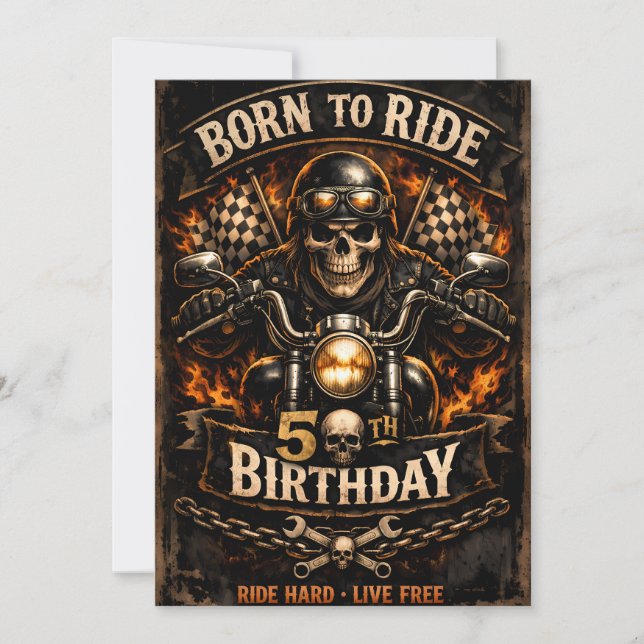 Born to Ride 50th Birthday Biker Skull Card Julkort (Framsida)