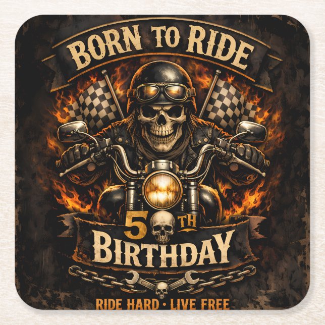Born to Ride 50th Birthday Biker Skull Card Underlägg Papper Kvadrat (Framsidan)