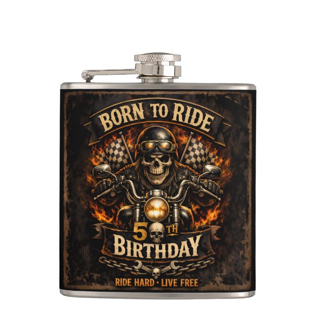 Born to Ride 50th Birthday Biker Skull Hip Flask Fickplunta (Framsidan)