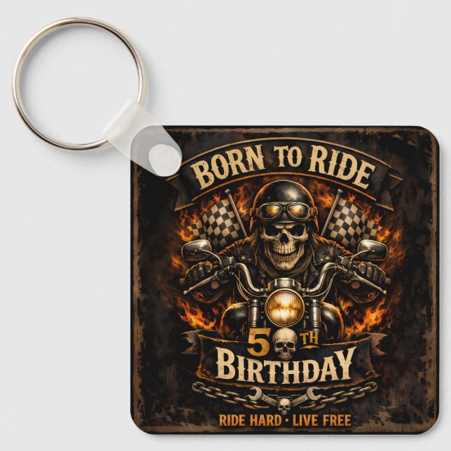 Born to Ride 50th Birthday Biker Skull Nyckelring (Framsida)