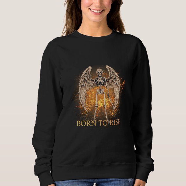 Born to Rise – Skeleton Angel with Sword Design T Shirt (Framsida)