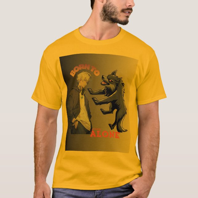 Born to Stand Alone – Anime Boy & Wolf Spirit Aest T Shirt (Framsida)