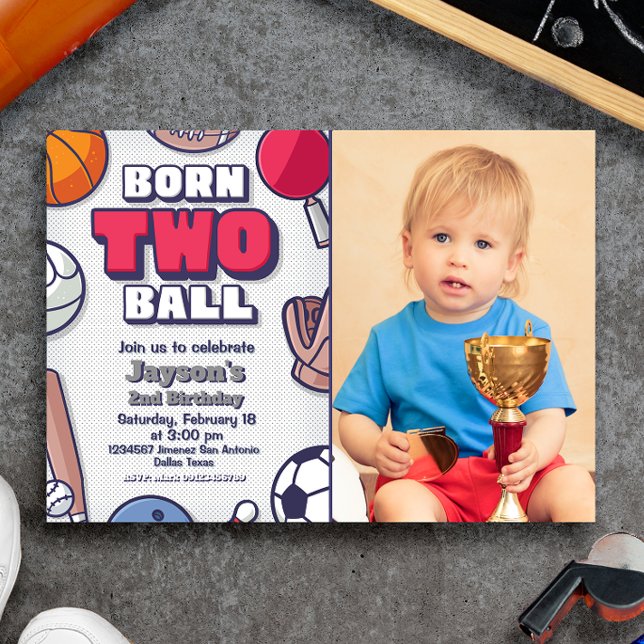 Born två Boll-inbjudan med foto Inbjudningar (Born Two Ball Landscape Invitation with Photo Picture)