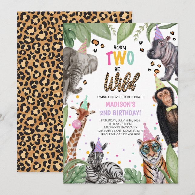 Born TWO BE Vild Safari 2:a födelsedagen Inbjudningar (Fram/baksida)