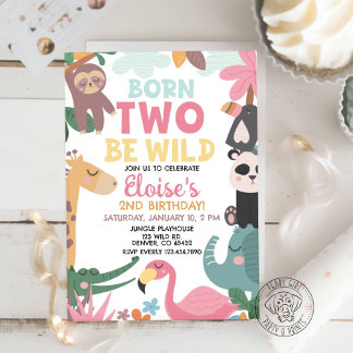 Born TWO Be Wild Pink Birthday Inbjudningar