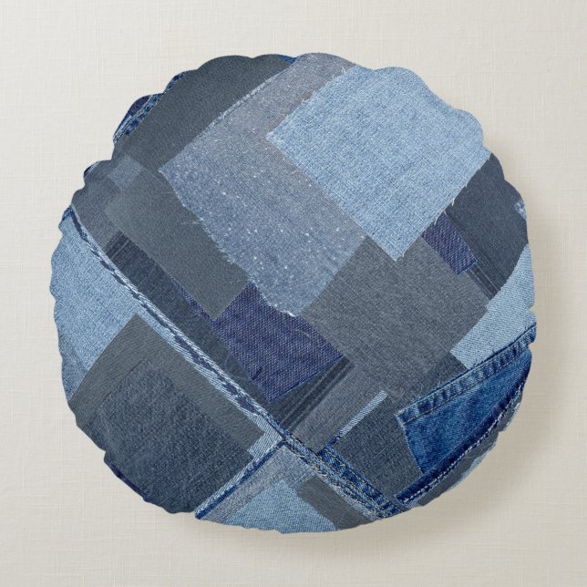 Boro Boro Blue Jean Patchwork Denim Shibori Rund Kudde (Framsidan)
