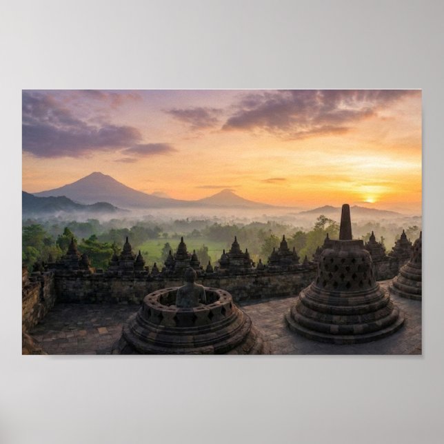 Borobudur Tempel Java Indonesien Soluppgång Väggko Poster (Framsidan)