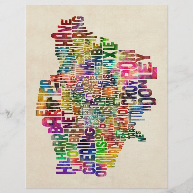 Boroughs of London Typography Text Karta Reklamblad (Framsidan)