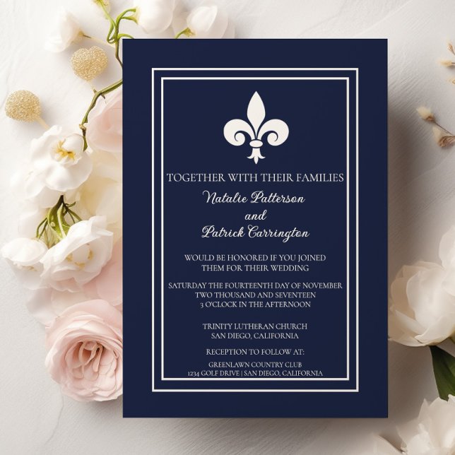 Börsinbjudan till marinblå flotta de Lis-bröllop Inbjudningar (Navy Blue Fleur de Lis Wedding Invitation)