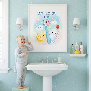 Borsta, Flossa, Skölj, Tvätta Barns Badrumsväggkon Poster