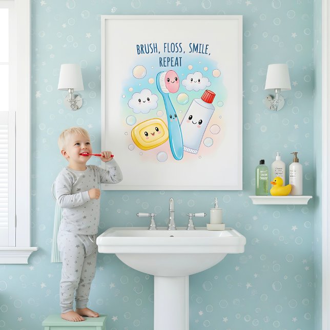 Borsta, Flossa, Skölj, Tvätta Barns Badrumsväggkon Poster (Skapare uppladdad)