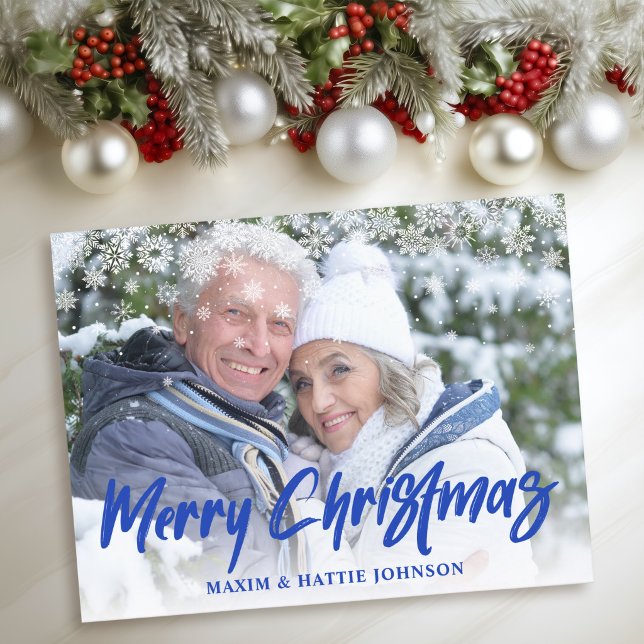 Borsta Script God Jul Snöflingor Foto Helg Vykort (Brush Script Merry Christmas Snowflakes Photo Holiday Postcard)
