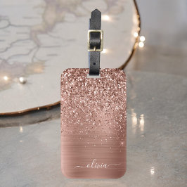 Borstat metall Rosa Guld Rosa Glitter Monogram Bagagebricka