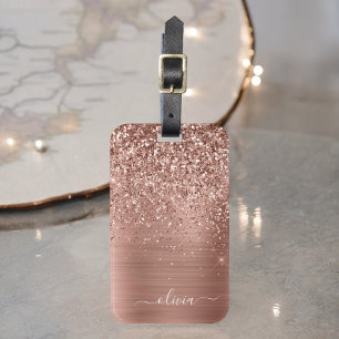 Borstat metall Rosa Guld Rosa Glitter Monogram Bagagebricka
