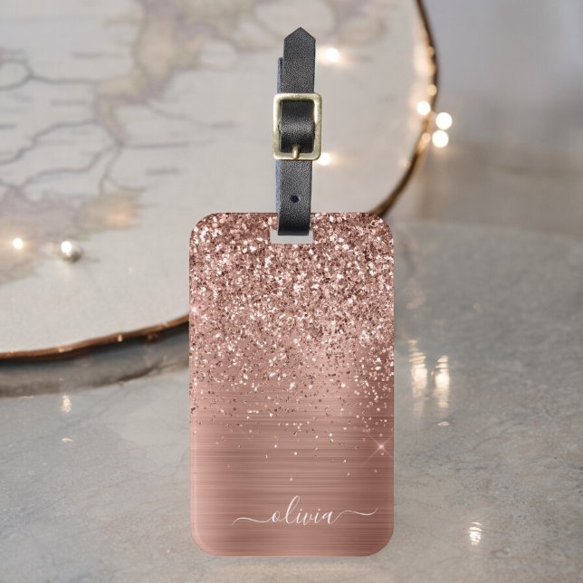 Borstat metall Rosa Guld Rosa Glitter Monogram Bagagebricka (Skapare uppladdad)