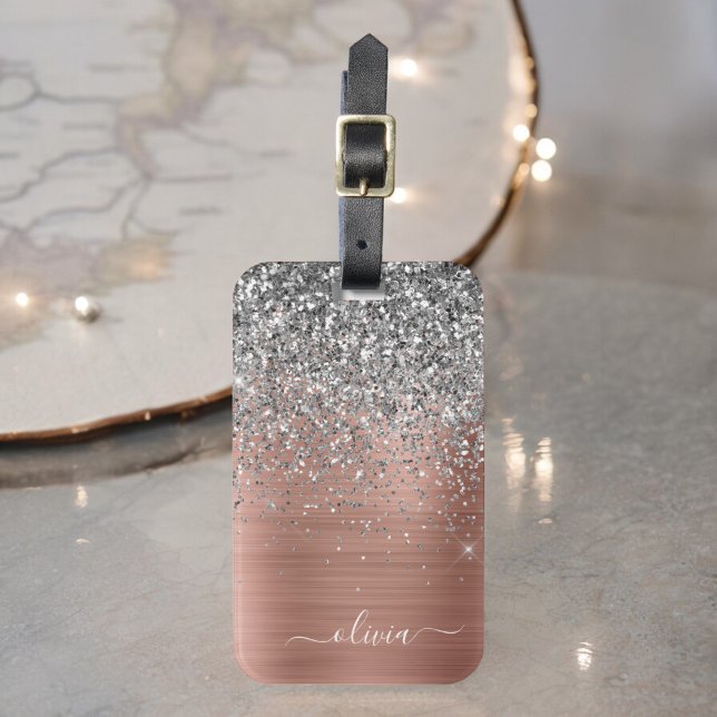 Borstat metall Rosa Guld Silver Glitter Monogram Bagagebricka (Skapare uppladdad)