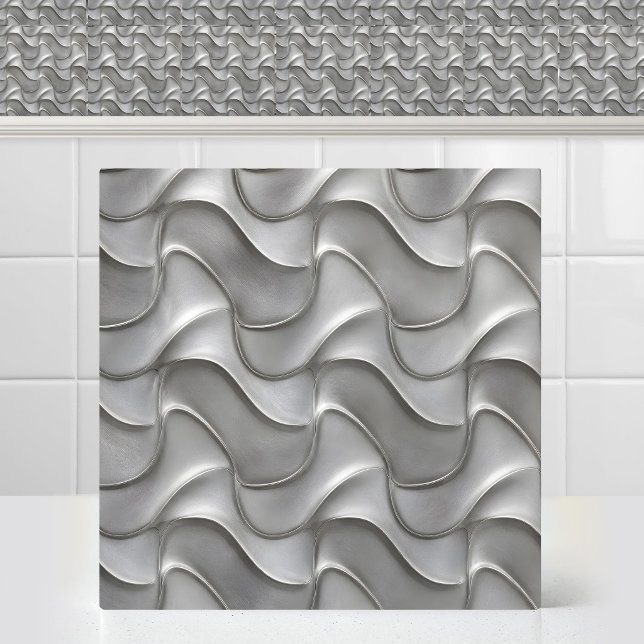 Borstat Titanium Interlockande Mesh Böjda Vågor Kakelplatta (Brushed Titanium Interlocking Mesh Curvy Waves Ceramic Tile)