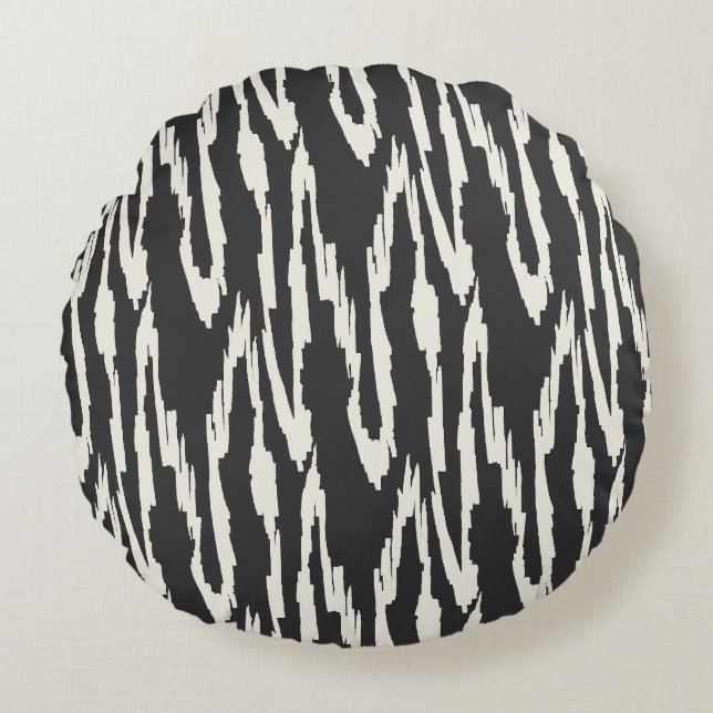 Borstig Ikat  Kol & Off White Rund Kudde (Framsidan)
