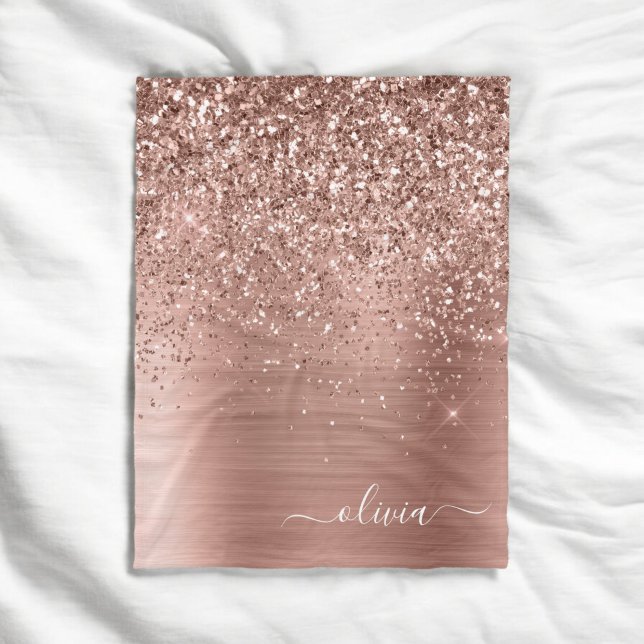 Borstmetall Rosa Guld Rosa Glitter Monogram Fleecefilt (Skapare uppladdad)