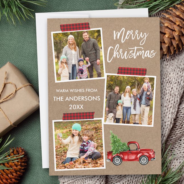 Borstskrift Rutmönster Hantemblomband Röd Lastbil  Julkort (Customize to add text to back of card.)