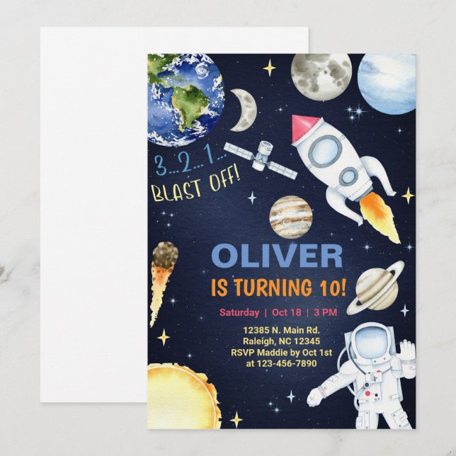 Bort från rymden-födelsedagsinbjudan. inv. inbjudningar (Fram/baksida)