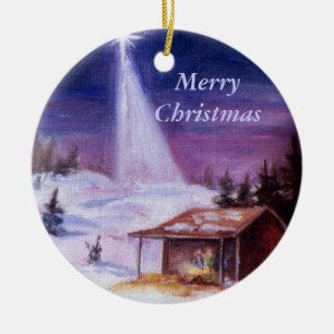 Bort i en Manger, god jul Julgransprydnad Keramik