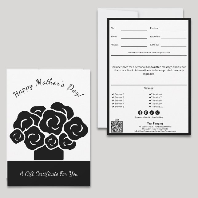 Bort intyg för svartvit gåva från lycklig Mors dag (Happy Mother's Day Black White Gift Certificate, Scissors Cut Style, QR code, Service List, SM)