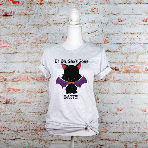 Borta Batty Halloween Black Kitten med Fladdermus Tee Shirt