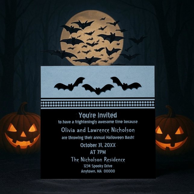 Borta batty Halloween fest Inbjudan, ljusblå blå Inbjudningar (Light Blue Gone Batty Halloween Party Invitation)