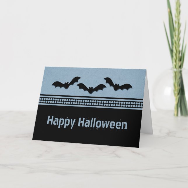 Borta battyhalloween-kort, ljusblått kort (Framsida)