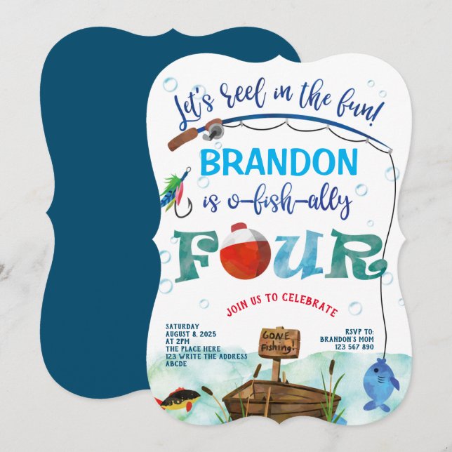 Borta fiske, fjärde födelsedag, liten fiskare inbjudningar (Fram/baksida)