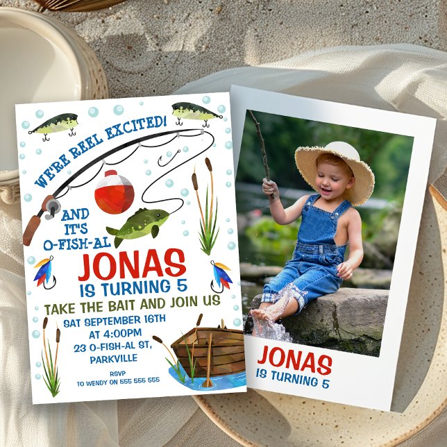 Borta fiske Fotofiskfiske - födelsedag Inbjudningar (Reel Excited It's Ofishal Fishing Themed Birthday Invitation Boy,
O-fish-al Birthday Party Invite)