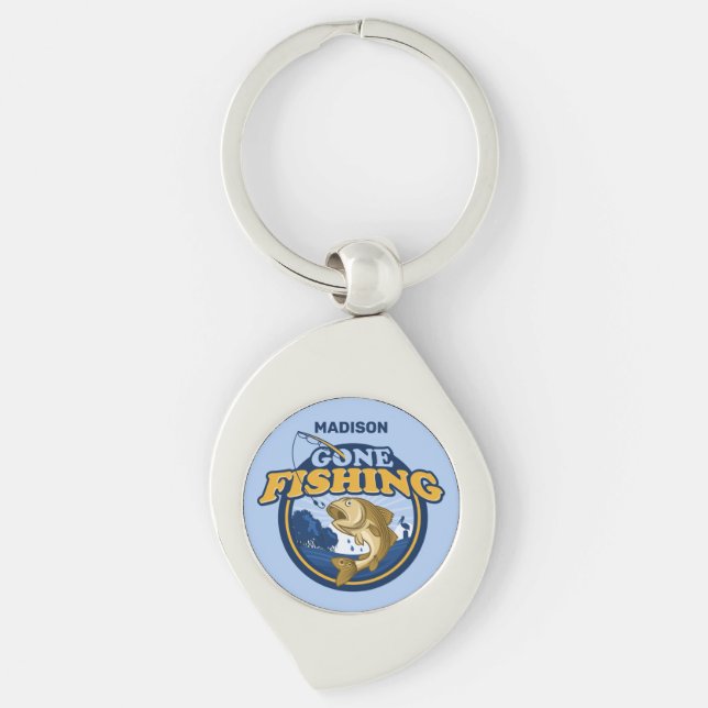 Borta fiske med eget namn swirl silverfärgad nyckelring (Framsidan)