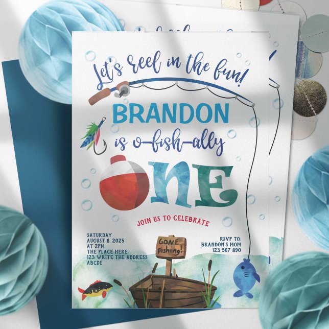 Borta fiske, O-fish-all, The big One, 1st Inbjudningar (o-fish-ally, boy 1st birthday invitation, little fisherman, gone fishing themed birthday invites.)
