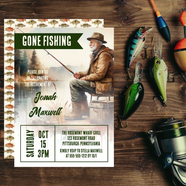 Borta fiskerinäringen Pension Party Inbjudningar ("Gone Fishing" Fisherman Scene Retirement Party Invitation)