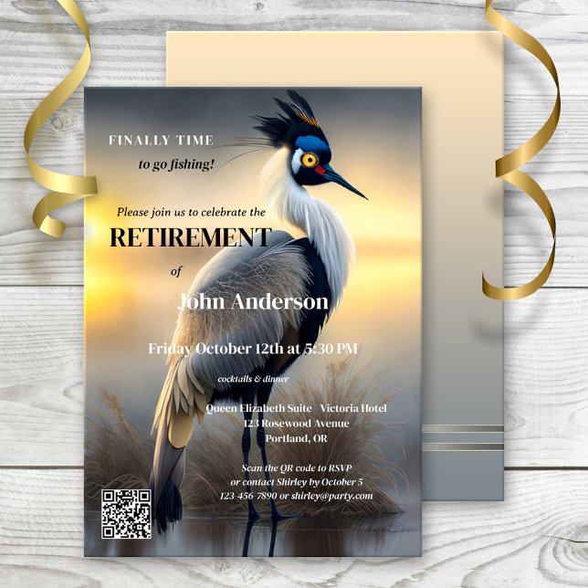 Borta fiskevattnet Pension Party Inbjudningar (Retirement party invitation featuring a painting of an egret. Gone fishing or a new adventure)