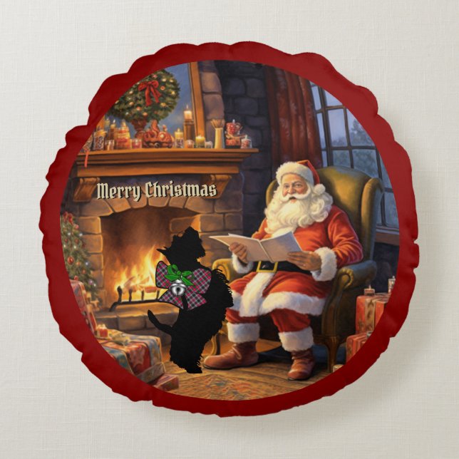 Borthwick Scottie Hund & Santa Personlig Julafton Rund Kudde (Framsidan)