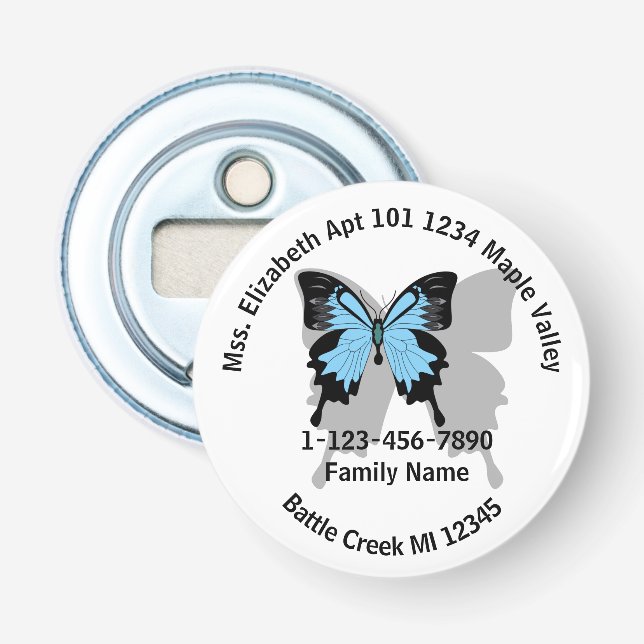 Borttappad Blue Backfly Family Home Adress Flasköppnare (Framsidan)