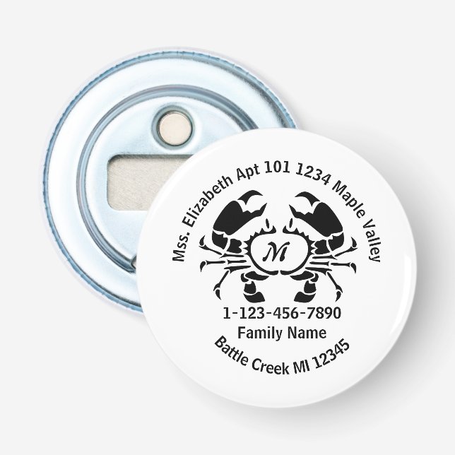 Borttappad Crab Monogram Family Home Adress Flasköppnare (Framsidan)