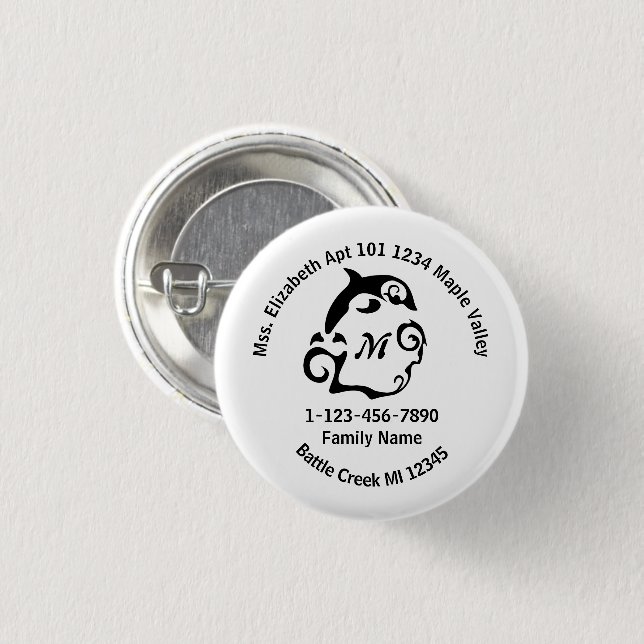 Borttappad Dolphin Swimming Family Home Adress Knapp (Framsida & baksida)