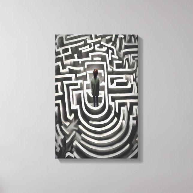 Borttappad i Abstrakten Maze, svartvit konst Canvastryck (Framsida)