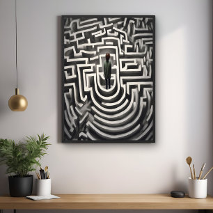 Borttappad i Abstrakten Maze, svartvit konst Poster
