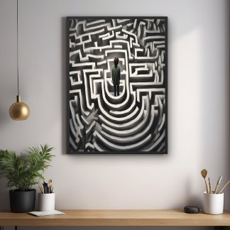Borttappad i Abstrakten Maze, svartvit konst Poster