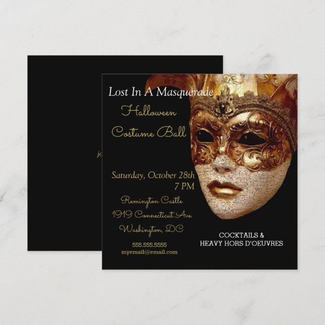 Borttappad i en maskerad Costume Boll Gala Party Inbjudningar (Fram/baksida)