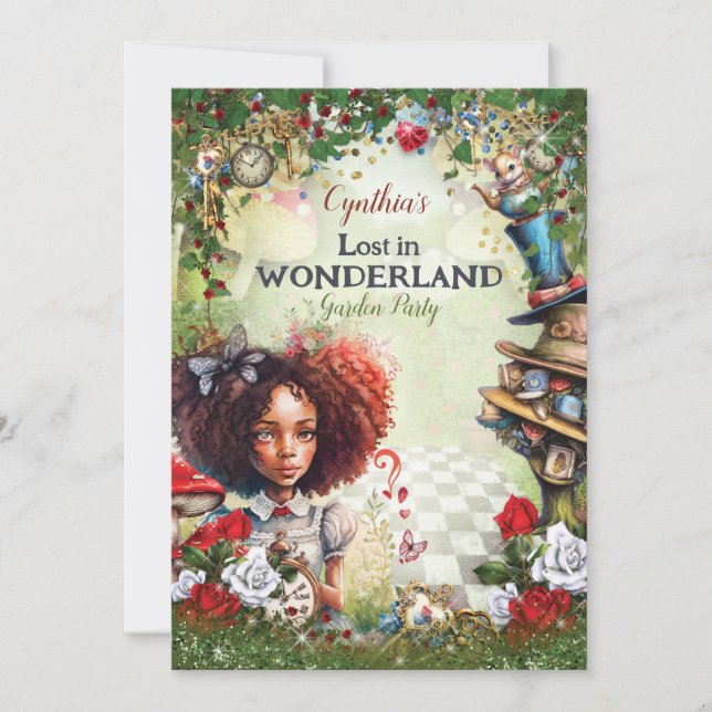 Borttappad i Wonderland Födelsedagsfest Inbjudningar (Framsida)