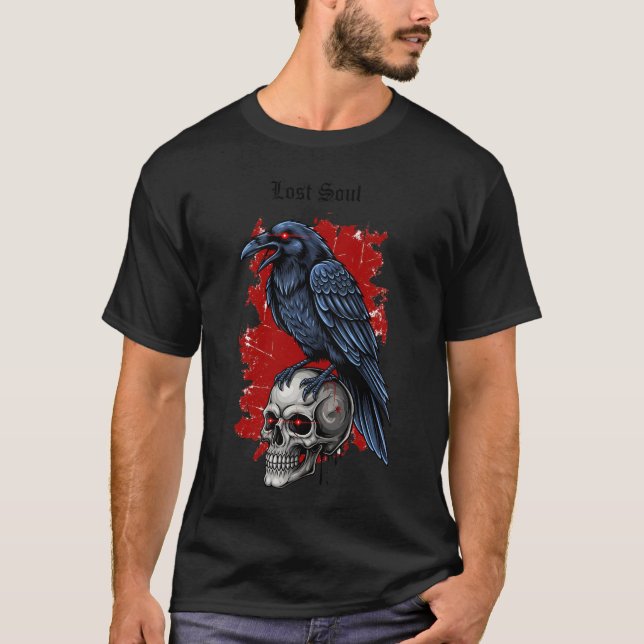 Borttappad Soul Skull och Raven Gothic Artwork | M T Shirt (Framsida)